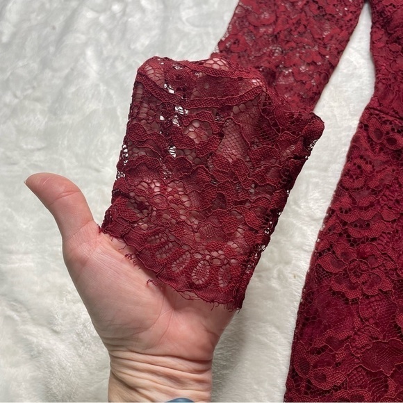 Lovers + Friends Eve Lace Long Sleeve V-Neck Open Back Romper in Cranberry Red - Picture 7 of 16